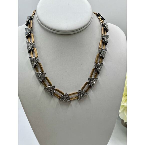 J. Crew Gold Tone Pave Geometric Triangle Glass Stone Necklace Mixed Metal - Picture 2 of 11